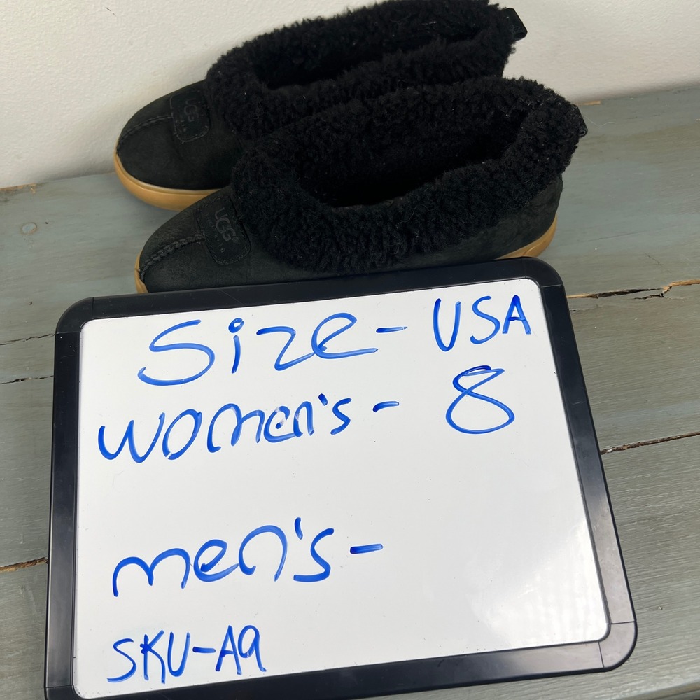 UGG Australia 1871 Black Suede Shearling Lined Slippers Womens 8 Gum Sole Shoes - Picture 6 of 12